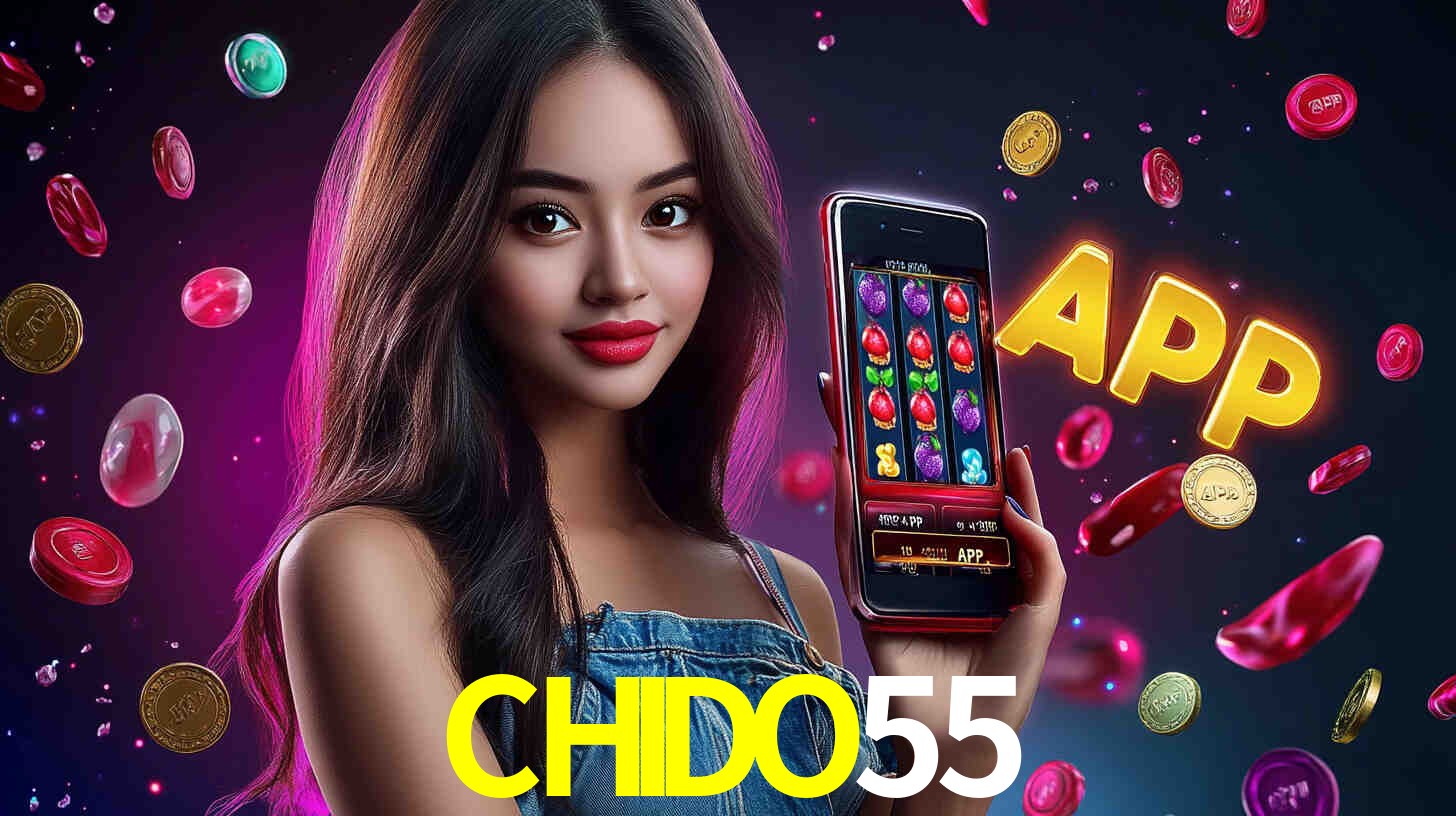 Una escena digital vívida inspirada en casino con CHIDO55 mostrado prominentemente, luces brillantes, fichas, cartas y acentos dorados.